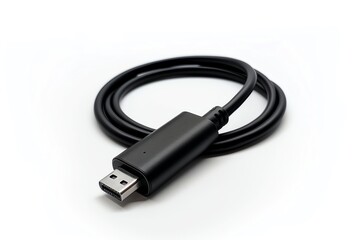 Black USB hub with two ports and a cable, isolated on a white background.