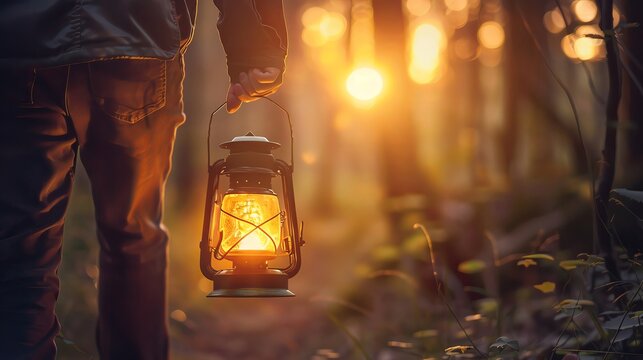 A person holding a vintage lantern walking in a forest during sunset, creating a warm and nostalgic atmosphere.