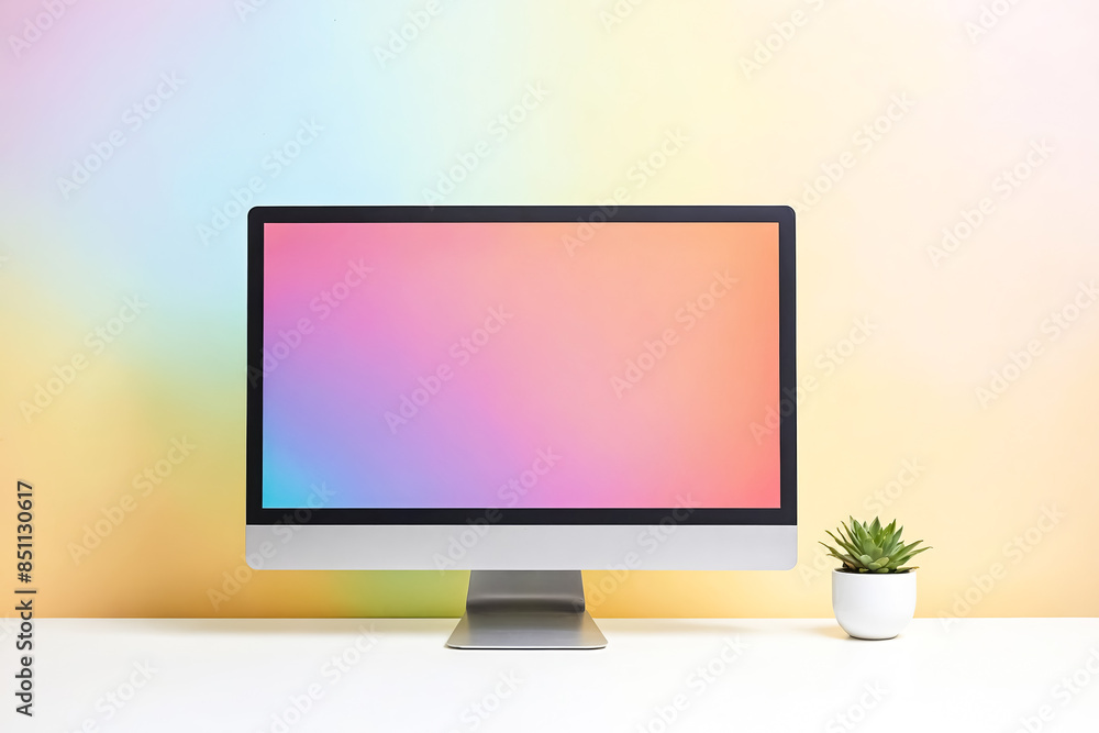 Poster modern computer and succulent on a desk with a pastel background