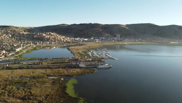 aerial view of titicaca lake and Puno Peru