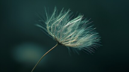 Single dandelion seed in abstract macro, highlighted against a dark green background, intricate textures, ethereal and detailed