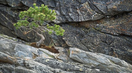 Obraz premium Small maritime pine growing resiliently on rocky terrain, beautiful contrast with rugged landscape, detailed textures of bark and rocks, serene atmosphere