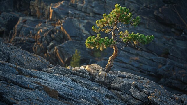 Small maritime pine growing resiliently on rocky terrain, beautiful contrast with rugged landscape, detailed textures of bark and rocks, serene atmosphere