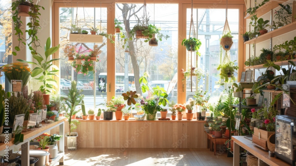Aufkleber a storefront window display features an array of plants and flowers in pots and hanging baskets, sho