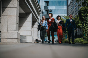 Obraz premium Four business professionals walking together in an urban setting, conveying confidence, teamwork, and success in a modern city environment.