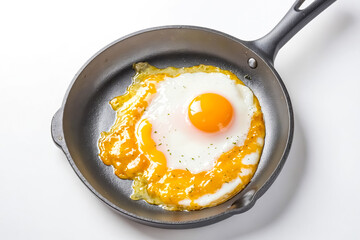 Close-up of a fried egg in a black pan