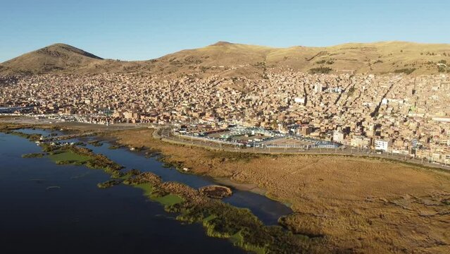 aerial view of titicaca lake and Puno Peru