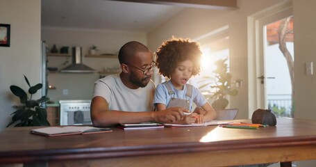 Learning, writing and father with kid in home school for remote education, knowledge or development with African family. Homework, dad and help child on notebook for studying or parent teaching math