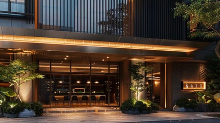 A modern restaurant entrance with a glass storefront and warm lighting. The building has a sleek exterior, and the entrance is decorated with lush greenery.
