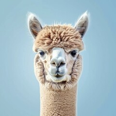 Obraz premium Alpaca gazing at camera against blue sky background, nature and travel concept