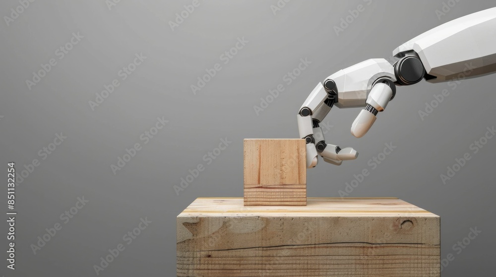 Poster robotic hand inserting wooden block into box on gray background in educational technology demonstrat