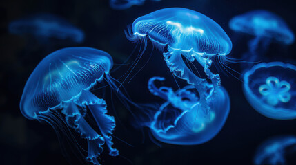 several jellyfish, illuminated by blue light, with translucent bodies and detailed patterns, floating elegantly