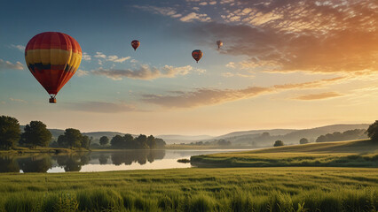Naklejka premium beautiful wallpaper background landscape view with trees green field with lakes and hot air balloon floating in a distance summer morning scene rolling hills