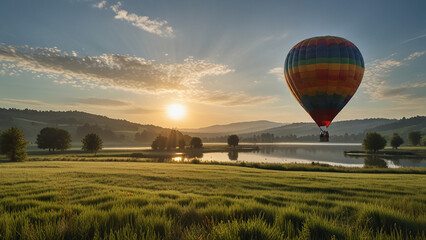 Fototapeta premium beautiful wallpaper background landscape view with trees green field with lakes and hot air balloon floating in a distance summer morning scene rolling hills