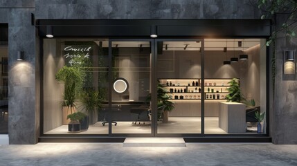 A modern salon storefront with a large glass window showcasing the interior. The shop is decorated with plants, sleek furniture, and warm lighting. The sign above the door reads Concealed Salon.