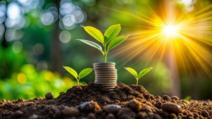 money growth in soil and tree concept , business success finance with sunshine in nature