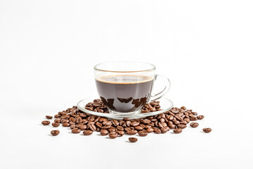 Coffee cup with beans on white background