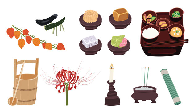 A set of illustrations of the Japanese Obon Festival, including offerings and related items.