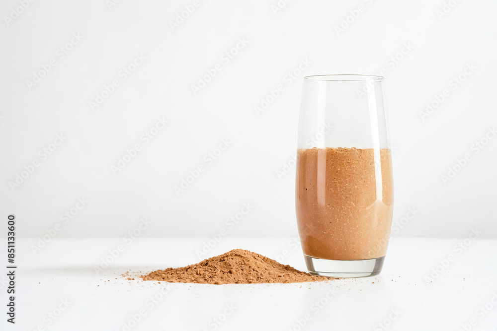 Poster cocoa powder and smoothie in a glass on a white background