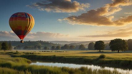Fototapeta premium beautiful wallpaper background landscape view with trees green field with lakes and hot air balloon floating in a distance summer morning scene rolling hills