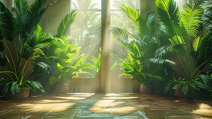 Sunbeams stream through a window illuminating a room filled with palm trees.