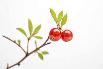 Obraz premium Two red cherries on a branch with green leaves