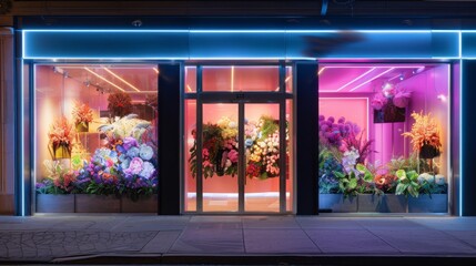A storefront window display featuring colorful flowers and greenery illuminated by neon lights at night. The display features a variety of floral arrangements in different colors and styles.