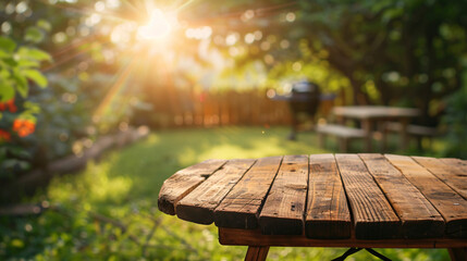 Naklejka premium Summer time product placement presentation in backyard garden with grill BBQ, wooden table, blurred background