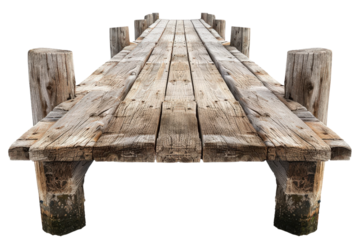 front view of an empty wooden jetty bridge,isolated on transparent background.