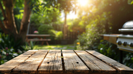 Fototapeta premium Summer time product placement presentation in backyard garden with grill BBQ, wooden table, blurred background
