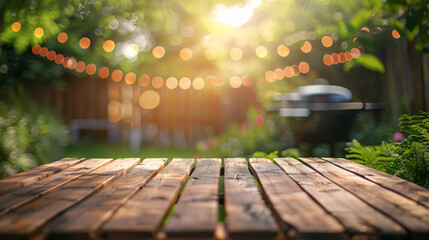 Summer time product placement presentation in backyard garden with grill BBQ, wooden table, blurred background
