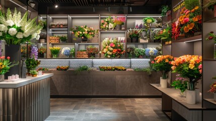 This image shows a flower shop display with a variety of colorful bouquets arranged on shelves and counters. The flowers are in full bloom and create a vibrant and welcoming atmosphere.