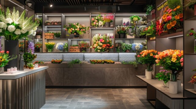 This image shows a flower shop display with a variety of colorful bouquets arranged on shelves and counters. The flowers are in full bloom and create a vibrant and welcoming atmosphere.