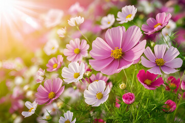 Fototapeta premium Beautiful spring summer sunrise bright natural background with colorful cosmos flowers. Ai generative.