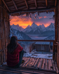 Majestic Mountain Sunrise A Serene View from a Cozy Cabin with a Woman Admiring the Snow Capped Peaks and Vibrant Morning Sky in a Tranquil Winter Landscape