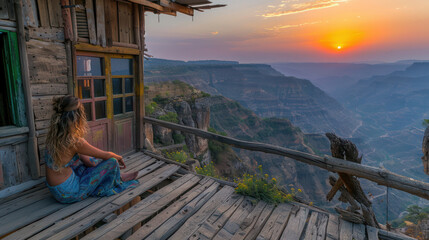 Mesmerizing Sunset over Mountain Scenery with a Lonely Traveler at a Cliffside Cabin Spectacular Views and Serenity in Nature's Remote Hideaway Captured in Stunning Photography
