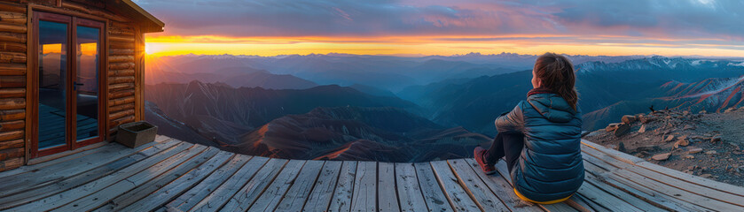 Naklejka premium Peaceful Mountain Sunrise Tranquil View of a Woman Sitting on a Wooden Deck Overlooking Majestic Mountains and a Vibrant Sunrise, Capturing the Beauty of Nature's Splendor and Serenity