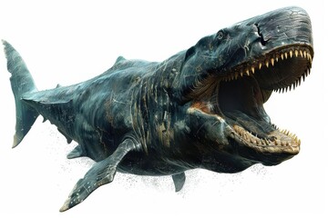 Ancient Megalodon shark, prehistoric sea monster, 3D realistic, isolated on white background