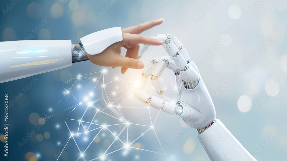 Poster futuristic robots technology innovation, human and ai robots co exists in future