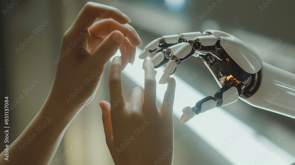 Poster futuristic robots technology innovation, human and ai robots co exists in future