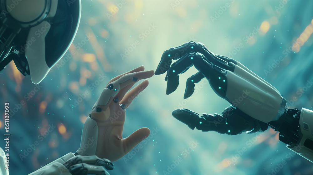 Poster futuristic robots technology innovation, human and ai robots co exists in future