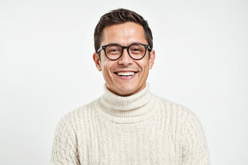 Portrait of a Handsome Man Wearing a White Sweater and Glasses Smiling