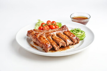Close-up of a plate of glazed pork ribs with cherry tomatoes and cucumber
