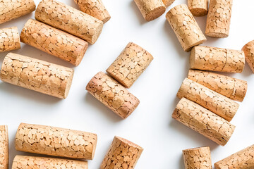 Close Up Of Wine Corks Scattered On A White Surface