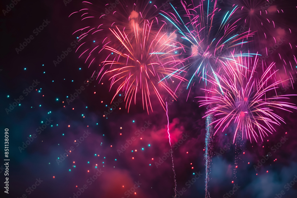 Poster fireworks exploding in the night sky, creating a colorful spectacle with bright lights and smoke tra
