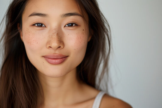 Young asian woman proudly shows off her natural beauty, with stunning freckles and flawless skin, exuding confidence and positivity with her radiant smile and fresh makeup