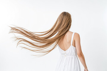 Naklejka premium Woman with Long Blonde Hair Flowing in the Wind