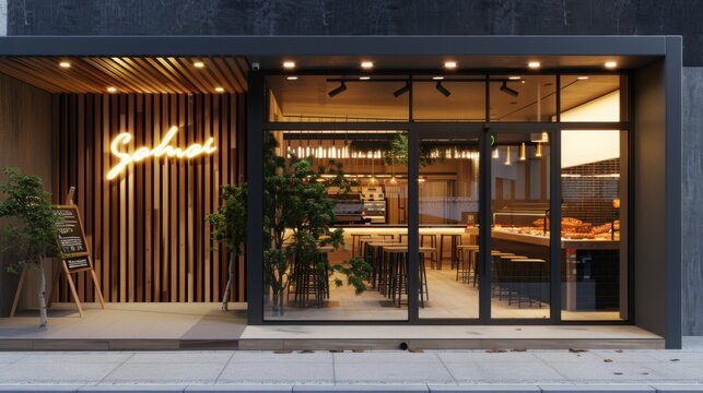A modern bakery storefront with a lit sign and large windows showcasing the interior with tables and chairs.