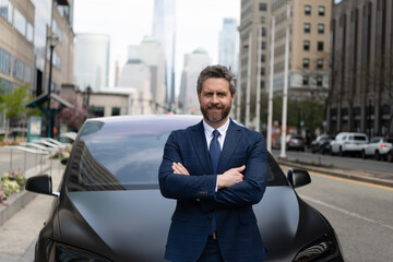 Businessman dealer outdoor. Dealer man in expensive suit. Business man rent car. Insurance agent at...