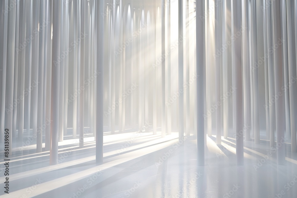 Poster 3d render of white empty stage with abstract background with vertical light rays free space for text